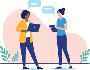 Two women having conversation - Businesswomen standing and talking together at work with computers and speech bubbles. Flat design vector illustration with white background