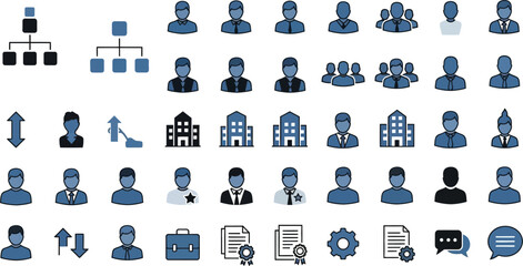 Illustration of business and organizational icons arranged in a grid pattern on a white background