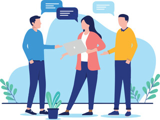 Work discussion - Group of three business people standing, talking and having a discussion together in office workplace. Flat design vector illustration with white background