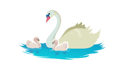 Obraz premium Elegant white swan with two fluffy cygnets swimming together in bright blue water