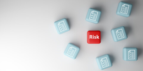 Business risk management, legal compliance, and identifying potential dangers.3D illustration of a red cube labeled Risk among blue cubes with document icons.