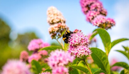 Fototapeta premium Bumblebee Pollinating Pink Spirea Flowers Under a Clear Blue Sky Closeup View.