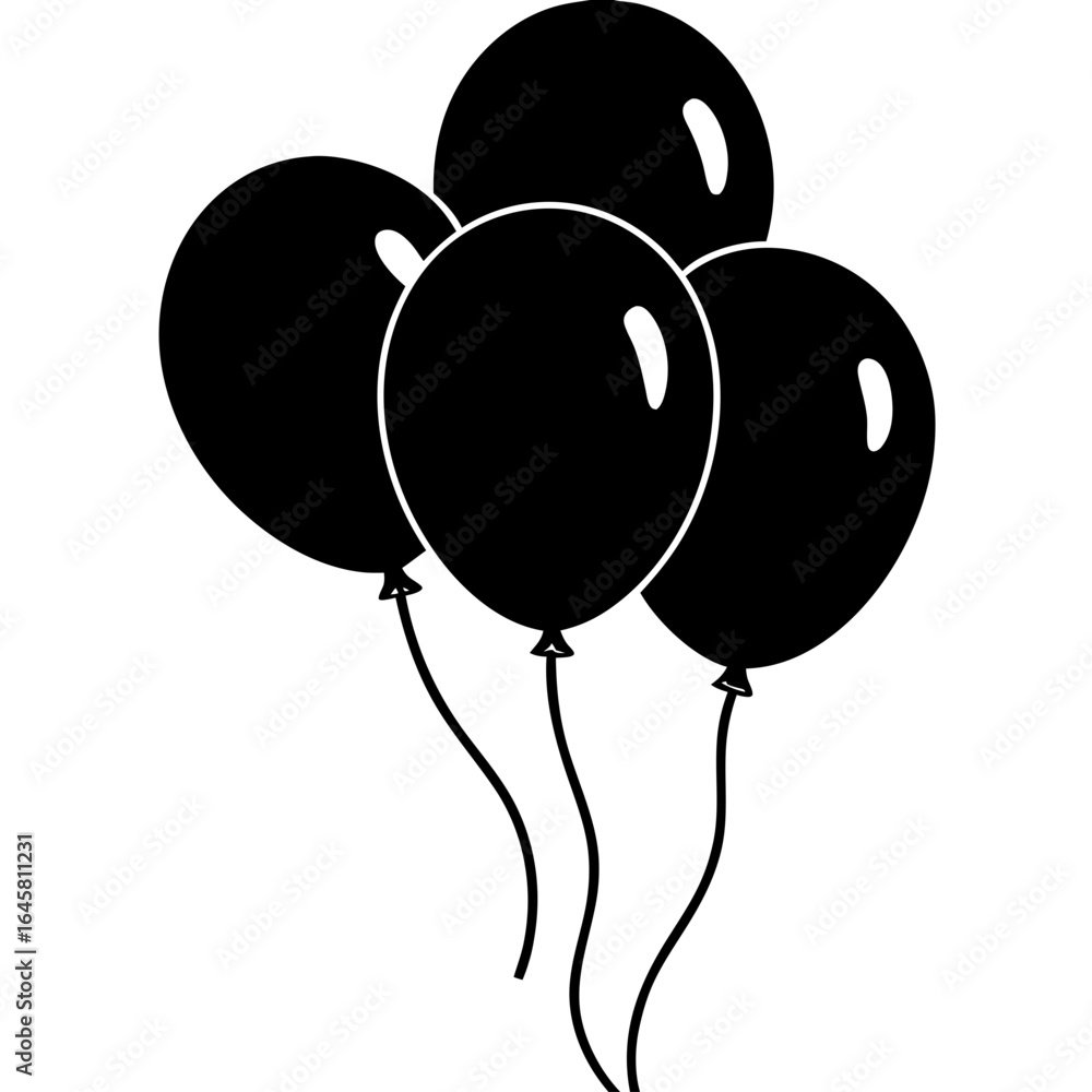 Poster a cluster of four black balloons with wavy strings floating upwards on a white background