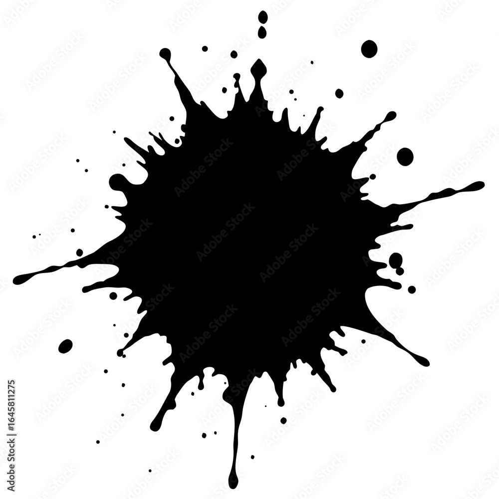Poster abstract black ink splatter blob with drips and small dots on a white background