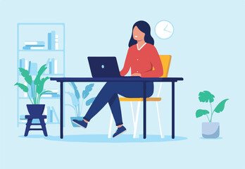 Woman working on computer - Female person sitting at desk in home office doing work on laptop, smiling and enjoying tasks. Flat design vector illustration