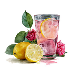 Rose Lemonade, watercolor painting, vector illustration, isolated on a white background.