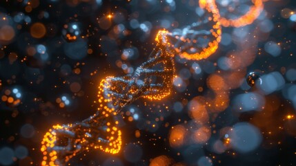 Glowing dna strand with bokeh effect in a digital render