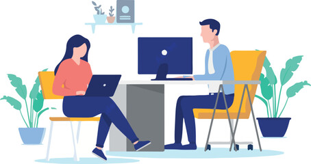 Working in office - Man and woman sitting with computers at desk doing work. Flat design vector illustration with white background