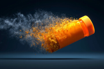 Orange plastic bottle exploding with yellow powder on dark blue background