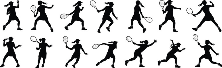 Female tennis player silhouette vector collection, dynamic sport poses, tennis racket action illustrations, athletic woman movement, tennis match game icons, sports activity design set