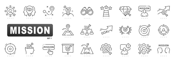Mission outline icon set for business strategy: targets, goals, roadmap, vision, teamwork, kpi, okr, progress, optimization, editable stroke presentation focus