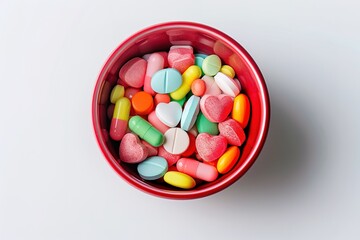 Colorful pills and capsules in bowl