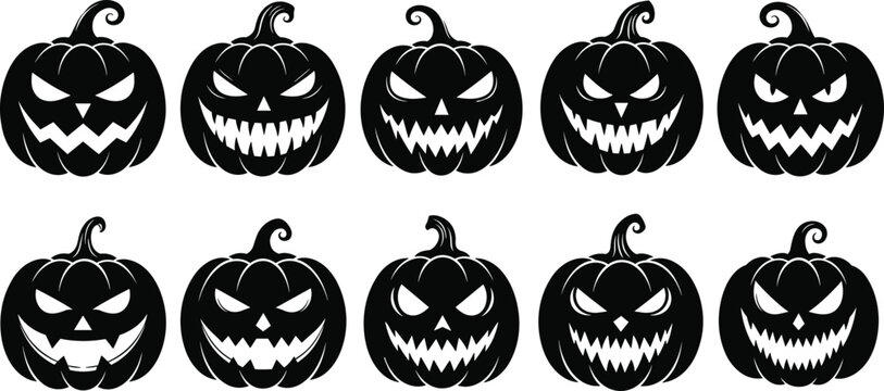 Halloween pumpkin vector silhouettes with spooky faces, jack-o-lantern set, perfect for fall, Halloween decorations, scary designs, festive autumn, and holiday themes - Powered by Adobe