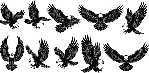 Flying eagle silhouette vector set, bold bald eagle attack pose illustration, hunting bird of prey clipart for tattoo, logo, or graphic design