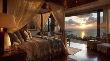 A bedroom with a bed and a view of the ocean