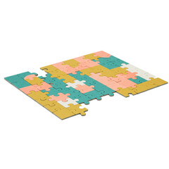 A partially assembled jigsaw puzzle displays a vibrant pattern of pink, teal, and yellow interlocking pieces, with several sections still incomplete, highlighting the ongoing process.