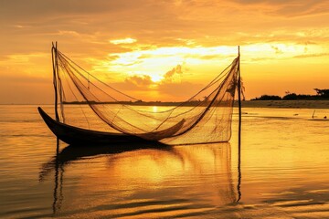 Obraz premium A boat is sitting in the water with a net