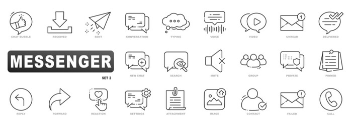 Messenger line icon set for chat conversation, typing, send, unread, delivered, reply, group, private, call, attachment, search, notification, image, vector