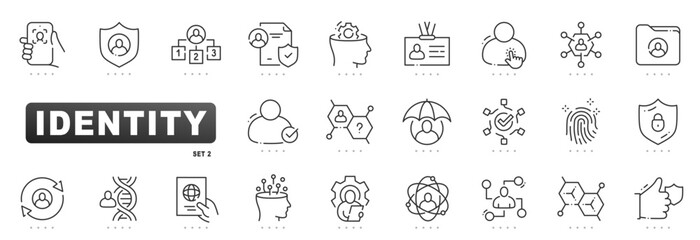 Identity security icons for authentication, verification, privacy, access management, biometrics, fingerprint, faceid, compliance, IAM, SSO, MFA; clean outline, editable stroke