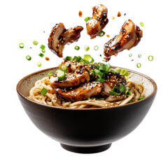 Delicious Chicken Noodle Bowl with Sesame and Green Onions in a Stylish Black Bowl on transparent background