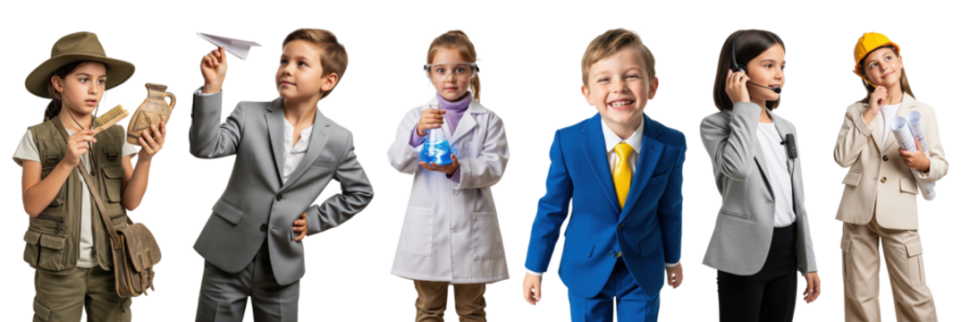 Group of children in career-themed outfits including archaeologist with artifacts, boy in grey suit with paper plane, young scientist with flask, boy in blue suit, girl in business attire on phone - Powered by Adobe