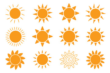 Collection of twelve unique sun icons perfect for summer designs and illustrations