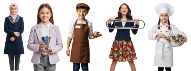 Group of children in various professional and creative costumes including businesswoman in hijab, designer holding colored pencils, barista with coffee tray, cheerful girl with oversized paperclip