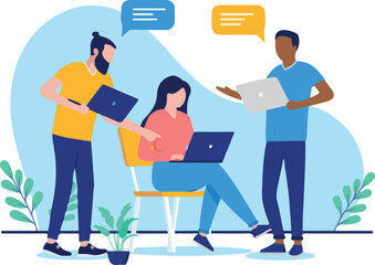 Developers talking and discussing - Computer workers working and having conversation with laptops and speech bubbles. Flat design vector illustration with white background