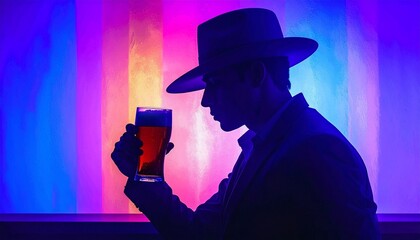 Neon Noir: A Man in a Fedora Silhouetted Against Vibrant, Colorful Lights