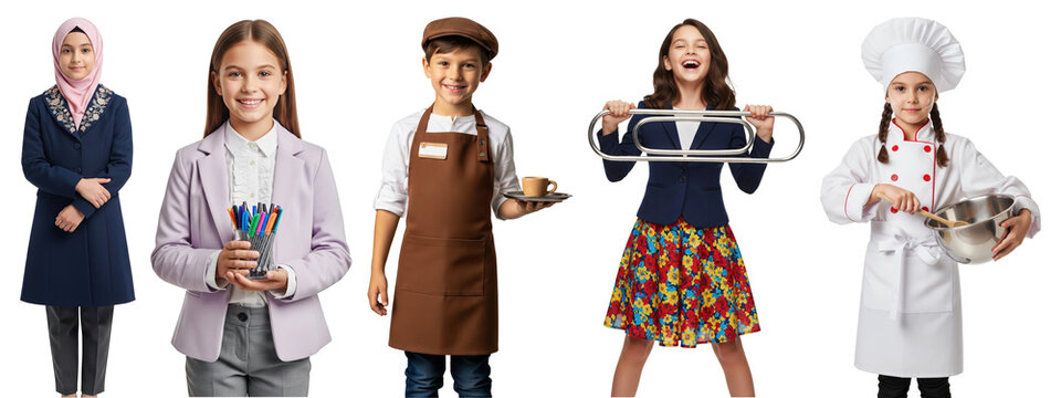 Group of children in various professional and creative costumes including businesswoman in hijab, designer holding colored pencils, barista with coffee tray, cheerful girl with oversized paperclip