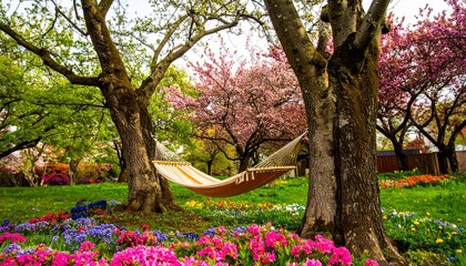 Naklejka premium Hammock Between Trees in a Lush Garden with Colorful Flowers and Blossoms.