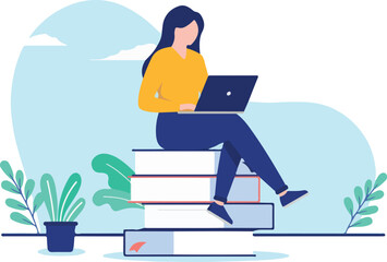 Woman doing research - Female person in casual clothes working on laptop computer while sitting on books. Flat design vector illustration with white background