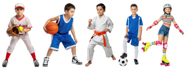 Group of active children in various sports uniforms and gear including baseball, basketball, karate, soccer, and roller skating