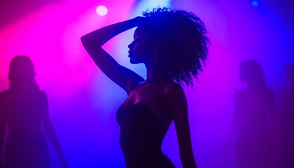 Rhythm in Silhouette: Woman with Curly Hair Dancing in a Vibrant Neon Haze