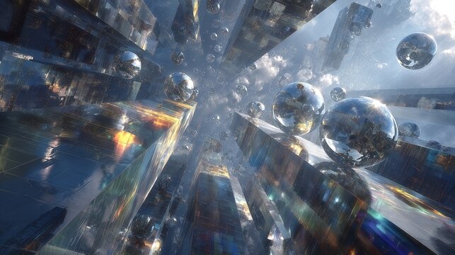 Hyperrealistic rendering of an endless crystalline city floating in the void - Powered by Adobe