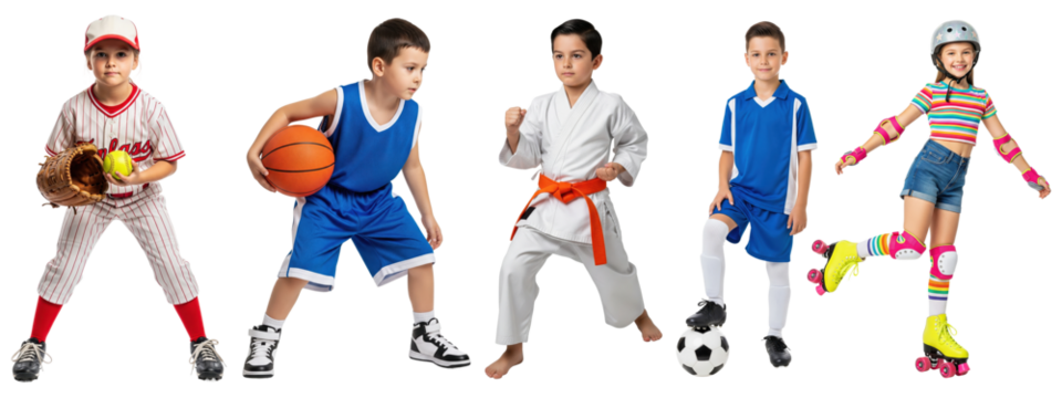 Group of active children in various sports uniforms and gear including baseball, basketball, karate, soccer, and roller skating