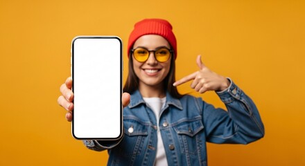 Smiling young woman pointing to blank smartphone screen – mockup space for app, website, or marketing design