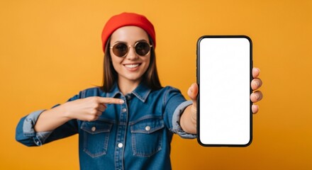 Smiling young woman pointing to blank smartphone screen – mockup space for app, website, or marketing design