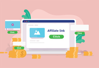Affiliate marketing money - Computer screen with affiliate link and cash income. Vector illustration
