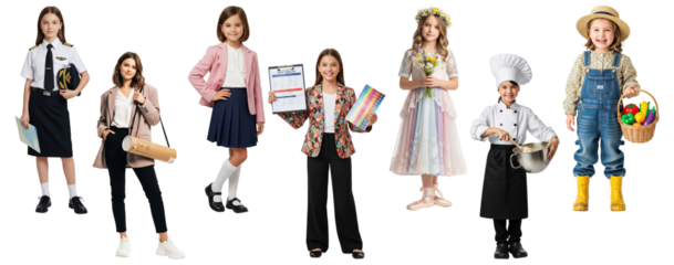 Group of girls in various professional and creative outfits including pilot uniform, architect attire, student uniform, artist blazer with stationery, floral fairy dress, chef uniform, and farmer over