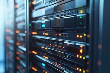 Naklejka premium High performance data center server racks with orange, green, and yellow LED indicators, ideal for cloud hosting, enterprise storage, and advanced network infrastructure solutions