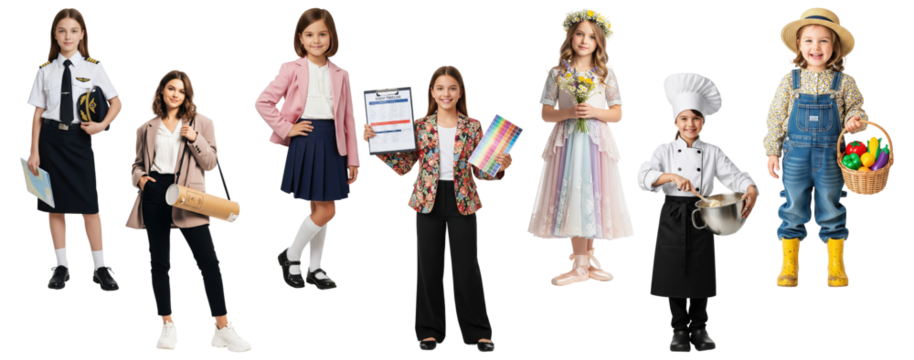 Group of girls in various professional and creative outfits including pilot uniform, architect attire, student uniform, artist blazer with stationery, floral fairy dress, chef uniform, and farmer over