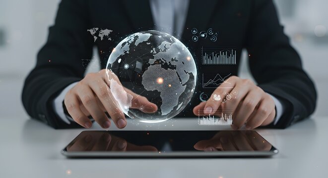Global Business and Technology Concept: Businessman Interacting with Digital Earth Globe on Tablet