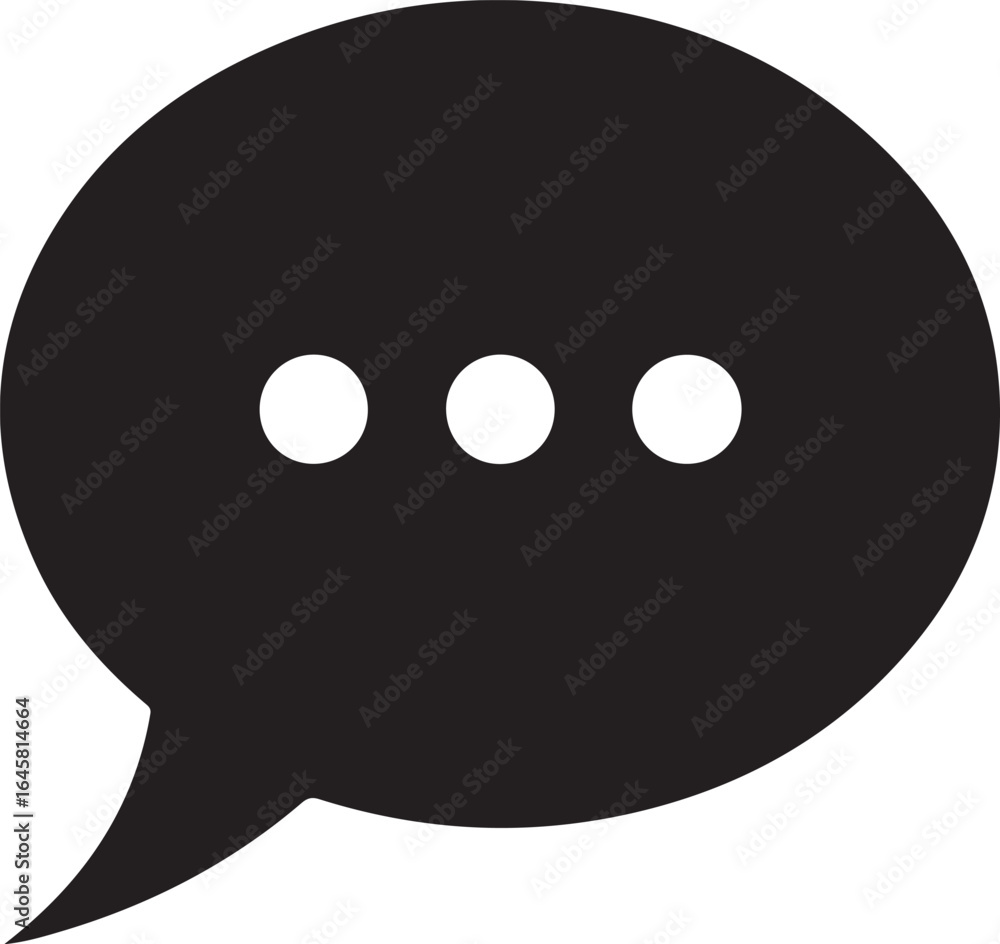 Poster simple black speech bubble icon with three white dots indicating ongoing conversation or thinking pr