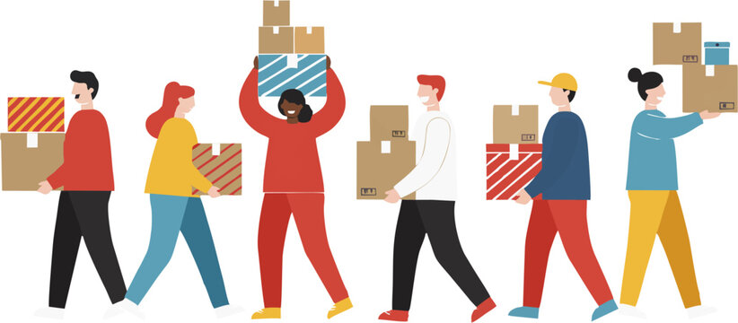 Teamwork, Delivery, and Logistics People Carrying Boxes
