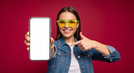 Smiling young woman pointing to blank smartphone screen – mockup space for app, website, or marketing design