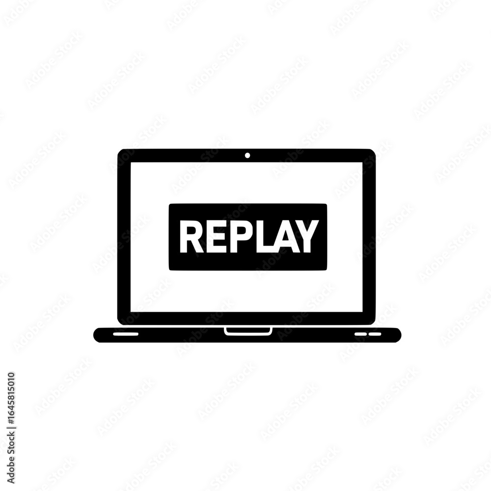 Poster modern laptop displaying replay text isolated on white background for media and streaming design