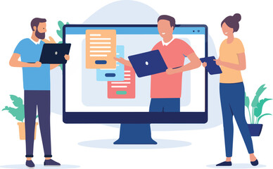 Online presentation meeting - People communication online having business meeting and workshop together remotely in office at work. Flat design vector illustration with white background