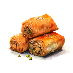 A watercolor painting of Baklava Rolls, vector illustration on white background.
