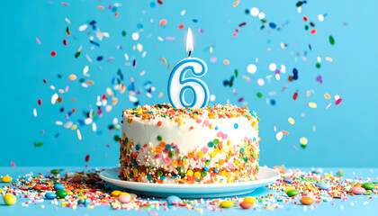 Festive birthday cake with candle and confetti